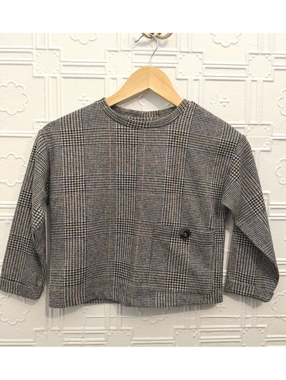 Zara Kids Plaid Pocket Long Sleeve Knit Top Size 7